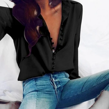 CROPKOP мода ежедневни плътен цвят дами офис върховете секси бутони с дълъг ръкав блуза 2020 Нова пролет жени шифон бяла риза