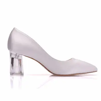 Crystal Queen Women Block 7 cm High Heels Lady Scarpins бели сатенени обувки лодка женски сватбени копринени прозрачни модела обувки на токчета