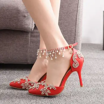 Crystal Кралицата на булката обувки луксозен дизайн, искрящ Кристал пискюл сандали сватба жените се обличат модни обувки, 9 см високи токчета