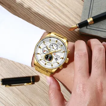 CURREN Златен хронограф кварцов мъжки часовник от неръждаема стомана дата на ръчни часовници Часовници мъжки светлинна мода часовници Relogio Masculino