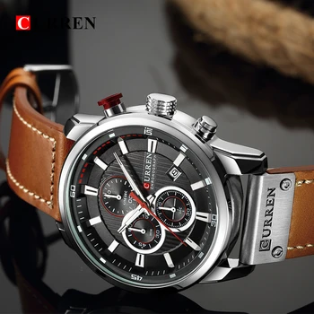 CURREN мъжки часовник луксозни хронограф водоустойчив Кожена каишка, Кварцов часовник с пълна дата елегантни подаръци за мъже Reloj