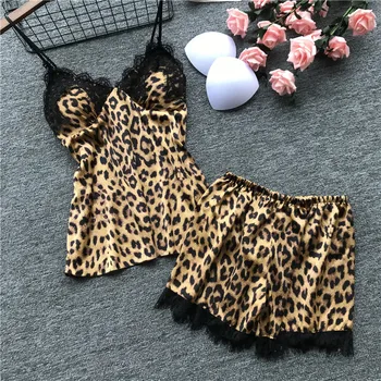Daeyard копринени пижами за жени леопардовое секси бельо летни ками и шорти сатен пижами пижами, домашно облекло, с нагрудными накладки