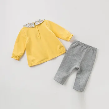 DBZ11141 Дейв Бела есен новородените момичета мода жълто Фокс дрехи, комплекти за деца сладък с дълъг ръкав карикатура определя деца 2 бр костюм