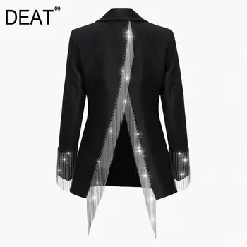 DEAT 2021 spring new small suite jacket for famale design niche hollow back split tassel black свободни черни блейзери пролет YJ912