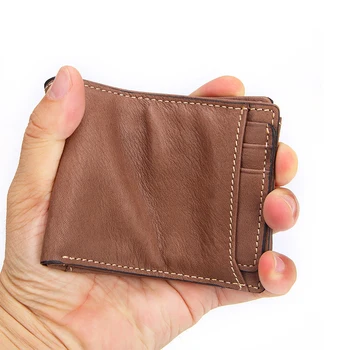 DIENQI Rfid Card Holder естествена кожа, мъжки портмонета паричен чанта мъжки ретро кратък чантата си малък тънък мини чантата тънък магически Вале