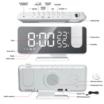 Digital alarm clock проекция на Радио температура влажност време на нощен дисплей огледало led часовник USB уикенд пристанища Настолни часовници