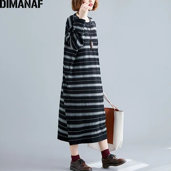 DIMANAF жени Dress плюс размер зима плетене Vestidos райета, черно винтидж женски Elegnat Лейди с дълъг ръкав пуловер Dress 5XL