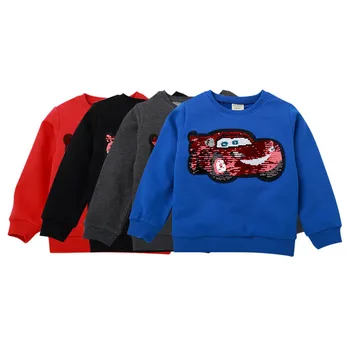 Disney детски пуловер червена кола пайети, промяна на цвета, магическа синя кола чист памук врата дълъг ръкав момче пуловер есен