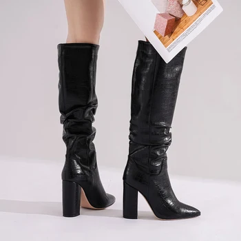 Donna-през 2020 г., сексуална нагънат дамски зимни високи модни ботуши на висок ток дебел ток Западен Каубой зареждане на Дамски обувки голям размер