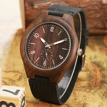 Ebony Wood Watch for Men мъжки малки втората часовници аналогов кварцов часовник за мъже на висококачествени черни кожени дървени ръчни часовници за мъже