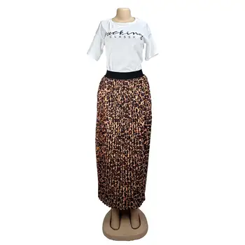 Echoine Leopard-Print Long Maxi Плиссированная пола и Писмо печат на тениска от две части комплект летни жените дълги поли комплект съответните комплекти