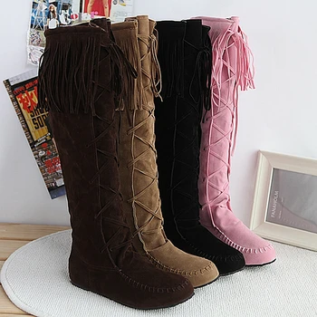 EGONERY Winter Knee High Boots Ladies Purl Cross Tied Round Toe Ladies Shoes Winter 4 Color Black Pink Brown Fashion Ботуши Women
