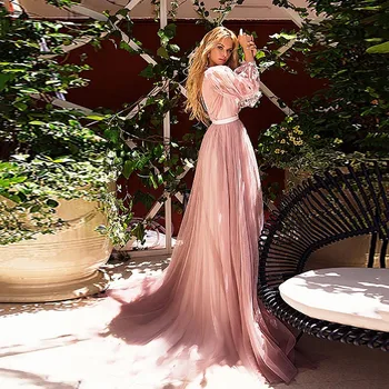 Eightree Pink Wedding Dresses 3D дантелени апликации рокля на булката A-Line Puff с дълъг ръкав на сватбена рокля Boho Vestido De Noiva