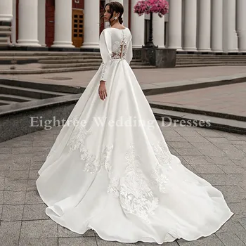 Eightree сватбена рокля с дълъг ръкав Атлас 2021 V-образно деколте апликация на сватбена рокля с джобове Принцеса плюс размер Vestido de Noiva