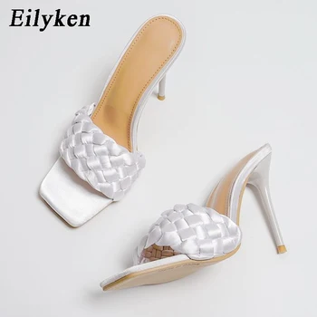 Eilyken 2021 жени лято квадратен чорап пързалки най-високо качество тъкане на открит чорап чехли и сандали за свободното време на Жените като мулета високи токчета, чехли