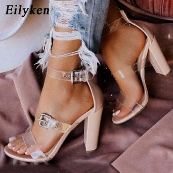 Eilyken New Fashion прозрачен PVC каишка с катарама за щиколотке Дамски летни сандали с отворени пръсти на площада токчета за дамски обувки за сватба