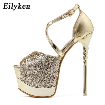 Eilyken Дамски сандали с тока и каишка на платформата на сватбени обувки на висок ток 2021 лятна мода Bling пайети плат Клубна обувки за стриптийз