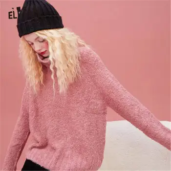 ELFSACK Brown Твърди Pure Korean Women Knit пуловер пуловер, 2020 есента Реколта е с минималистичен,всекидневни женски базов дневен топло топ
