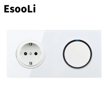 EsooLi Crystal Glass Panel 16A EU Standard Wall Power Socket 1 Gang 1/2 Way Pass Through On / Off бутон Light switch