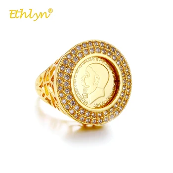 Ethlyn New Little Women Luxury Gold Color King Avatar Round Crystal Ring Hollow Rings Vintage Big Ring Ladies Rings Wedding Party