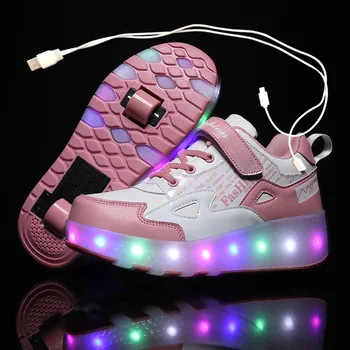 Eur27-43 два кроссовка с колела USB зареждане светещи Led Light up 2020 Roller Skate Колела обувки за момчета и момичета, чехли