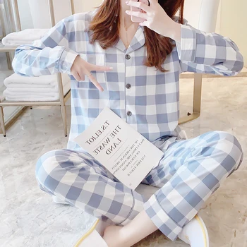 FallSweet клетчатая Пижами за жени комплект отложной яка дамски пижами с дълъг ръкав пижами
