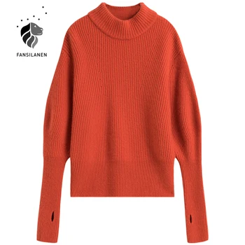 FANSILANEN оранжево ретро вязаный пуловер пуловер жени с дълъг ръкав поло жилетка женски есен-зима на извънгабаритни трико
