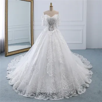 Fansmile Luxury Дантела Vestidos de Новия Ball Dress Wedding Dress 2020 Long Train Princess Quality Wedding Bride Dress FSM-113T