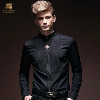 Fanzhuan Безплатна доставка новата мода мъжки ежедневни мъжки души риза с дълги ръкави самоличността на щанд яка черно червено бяло 14258 4XL