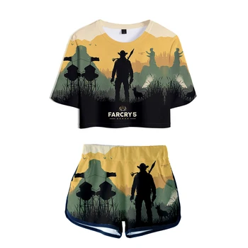 Far Cry 5 мода 3D печатни жени от две части комплекти лятото с къс ръкав crop потник+шорти горещи продажба популярни игри момиче в секси облекло