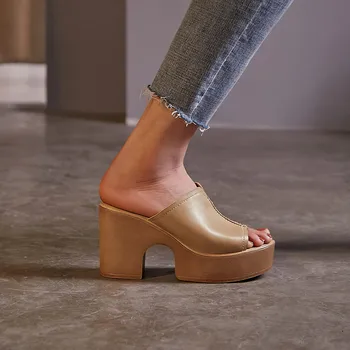 FEDONAS кратко платформа Peep Toe дамски чехли естествена кожа високи токчета, сандали за жени на нови ежедневни домашни обувки жена