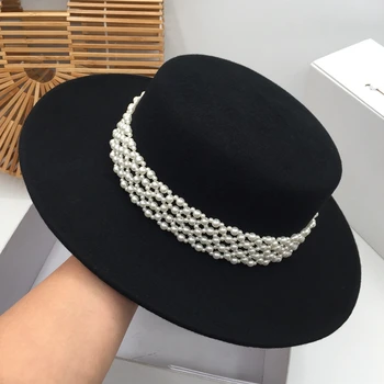 Fedora panama Black luxury nets of pearls flat-topped hat fashion female-елегантни шапка Sir Ins tide party hats