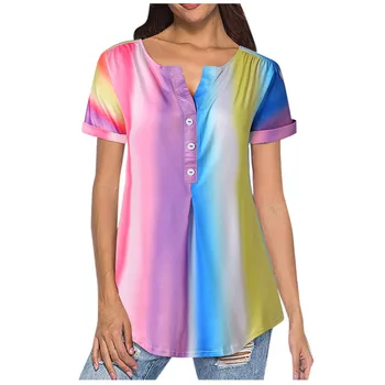 Feitong Rainbow Multicolor дамски блузи летни вратовръзка-боядисани с V-образно деколте с къс ръкав свободни блузи, топ, дамски туника Ropa Mujer