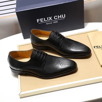 FELIX CHU луксозни мъжки обувки от естествена кожа Brogue дерби обувки за мъже зелен черна дантела бизнес-шик обувки сватба