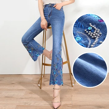 FERZIGE високо качество на Жан във бродерия Flare панталони луксозни дамски тесни дънки дамски сини ежедневни панталони Slim Fit панталони