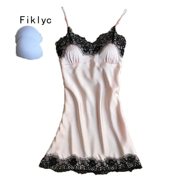 Fiklyc brand women ' s секси дантела decoration sleeveless nightgowns fashion female thin style mini nightwear sleep & lounge padded