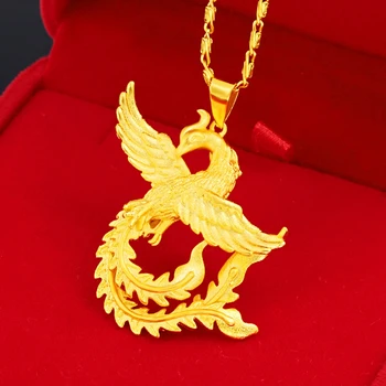 Fly Phoenix Pattern Жълто Злато Напълнена Класически Дамски Медальон Верига Огърлица Ярко Животно