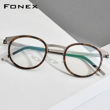 FONEX ацетат сплав слънчеви очила рамка на Мъже, Жени старомодни кръгли късогледство оптични рамки предписани очила Безвинтовые очила 98625