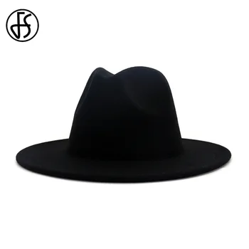 FS черно царски син Лоскутная вълна Fedora шапки за жени мъже чувствах Панама Джаз Cap мека мъжка шапка с катарама на колана широка периферия каубойски шапки