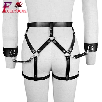 Fullyoung Секси Harness with Hand Ring Erotic Body Tight Връзване Strap Готика Garter Belt Women Stocking Belt садо-мазо Cage Suspender