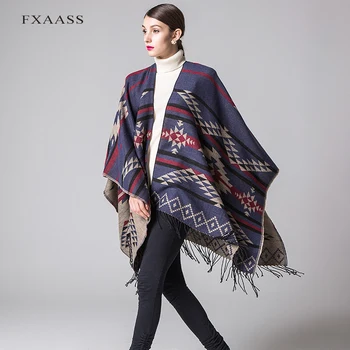 FXAASS новата есенно-зимна Шал мода Nationalit пончо женски шал дъждобран луксозна пискюл кашмир шалове топло пашмина