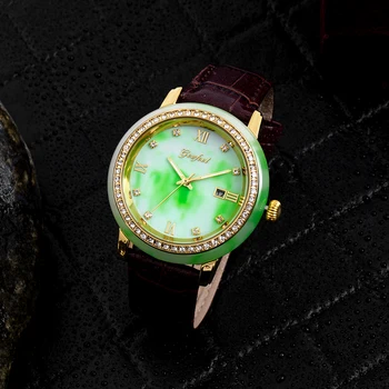 GEZFEEL външни женски монголски нефрит часовници кафява кожена каишка зелен кръгъл циферблат с календар дисплей водоустойчив Reloj Mujer