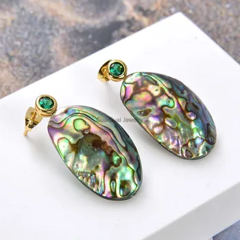 GG Jewelry Natural Abalone Shell freeform Green Cubic Цирконий pave обеци розово ретро стил за жени