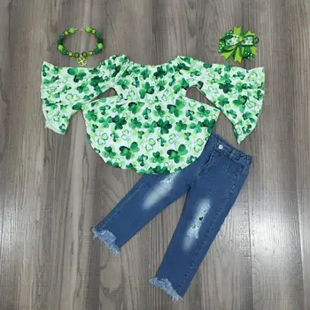 GirlyMax Пролет момичета зелена детелина с дълъг ръкав Flare риза детски St Patrick дънки съоръжения с лък и колие