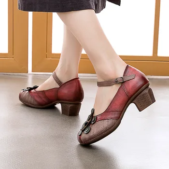 GKTINOO 2020 Vintage жени помпи удобни естествена кожа обувки на висок ток жените през цялата чорап ежедневни дебели токчета една обувки