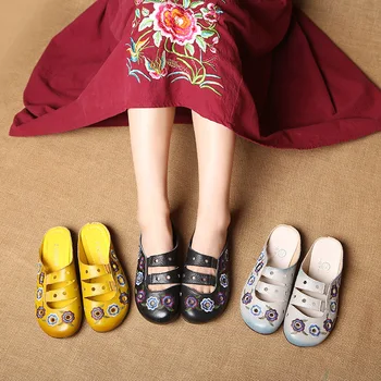 GKTINOO летни дамски чехли бродерия деколтета естествена кожа Дамски сандали пързалки плоски удобни обувки жена