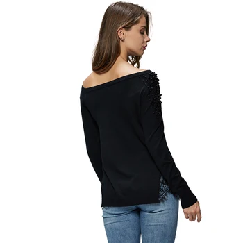 GLO-STORY 2018 Fashion Women Off-Shoulder Solid пуловер пуловер beading дантела открит подгъва секси дамски трикотажни блузи WMY-4972