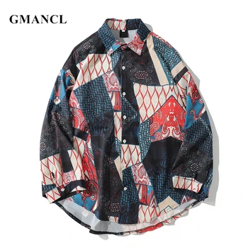 GMANCL нови мъжете самоличността на геометрията на мозайка свободни ризи с дълъг ръкав мода печатни хип-хоп мъжки извити подгъва ежедневни ризи