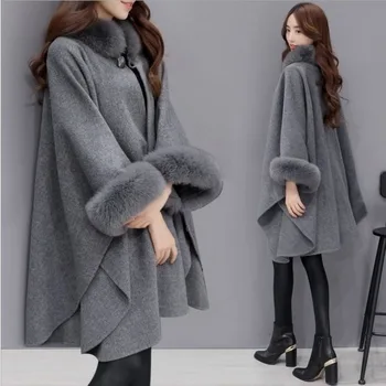 GOOHOJIO Есен Зима вълна палто жена средно дълъг нов дъждобран темперамент на жените популярна кожа горна дреха вълнена палто с открити рамене