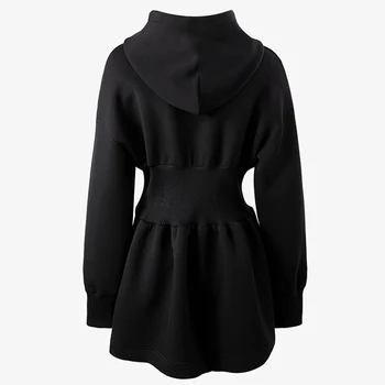 Harajuku Mini Winter Hooded Black Готически Dress Elastis Waist Long Sleeve Solid Streetwear Hip Hop Retro Vintage Party Dresses